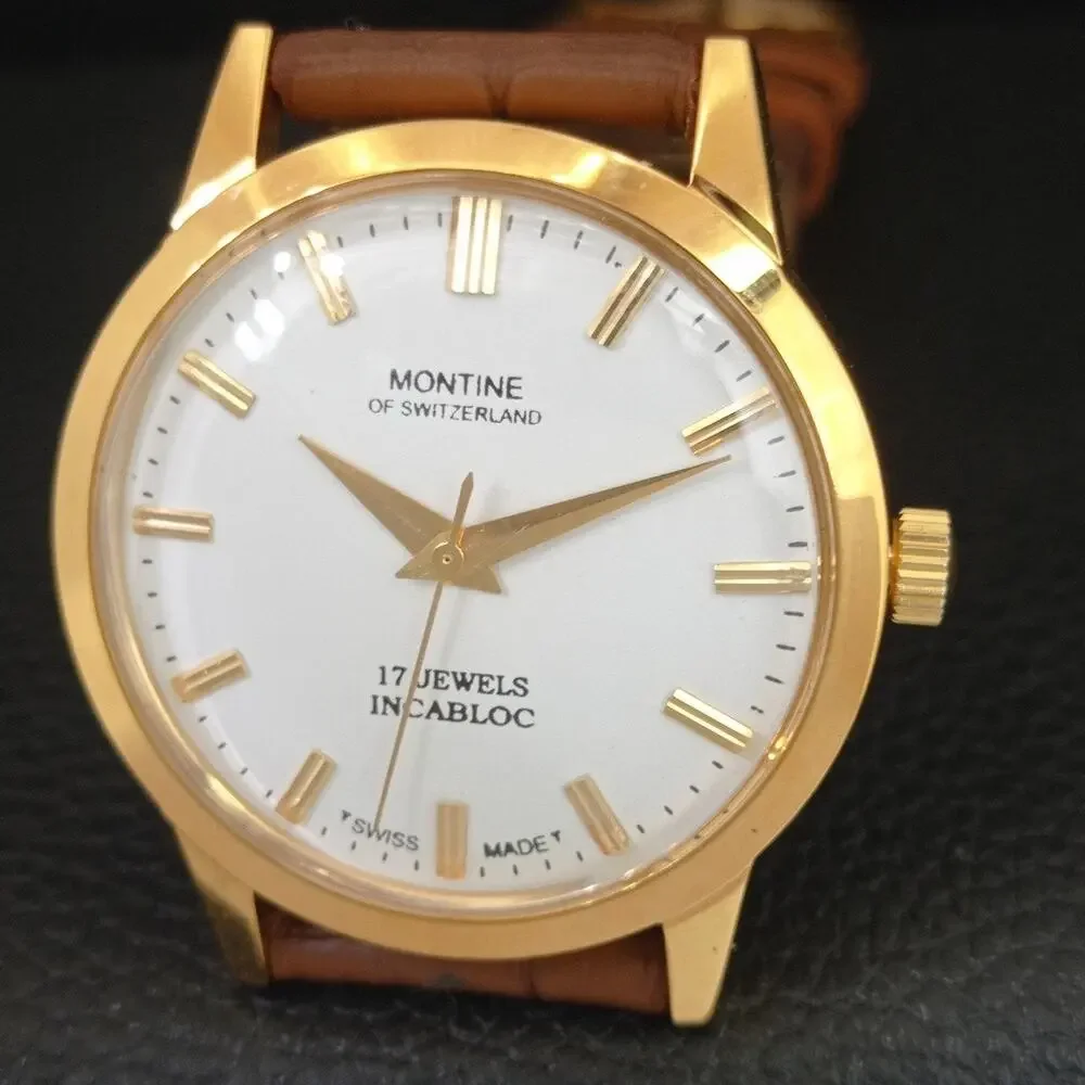 Vintage 1978 Montine Of Switzerland  Manual Mens Gold Watch W/Brown Strap